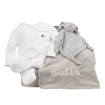 Canastilla Manta Personalizada y Pijama y doudou personalizado gris