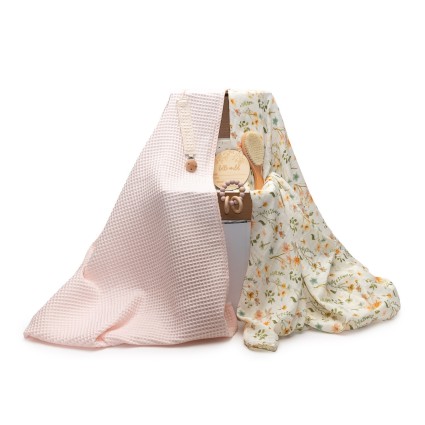 Regalo para bebé ecológico y orgánico con 2 Muselinas, mordedor y chupetero rosa