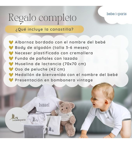 Cesta Bebè con Accappatoio Ricamato | Regalo Personalizzato – Bebé de París