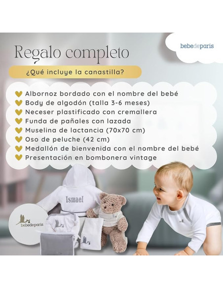 Cesta Bebè con Accappatoio Ricamato | Regalo Personalizzato – Bebé de París