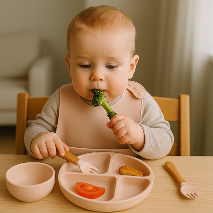 Vajilla de Silicona Rosa + Babero Bordado y Oso de Peluche con Nombre 2