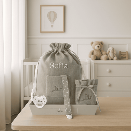 Succhietto personalizzato + custodia + sacca asilo | Set completo per il primo giorno
