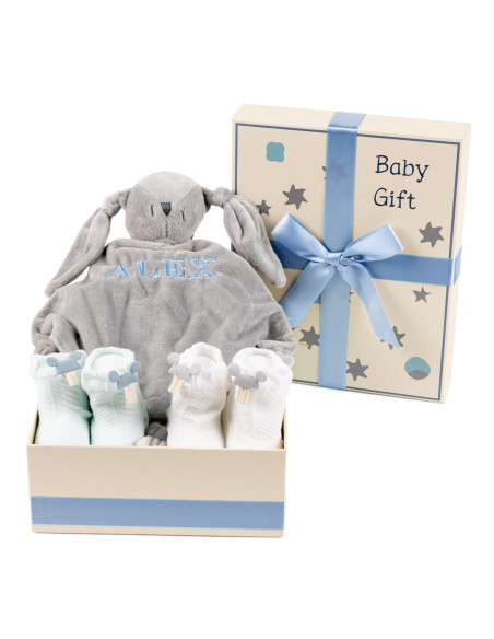 Scatola Regalo con Dou-Dou Ricamato e Calzini – Dettaglio Personalizzato per Neonato