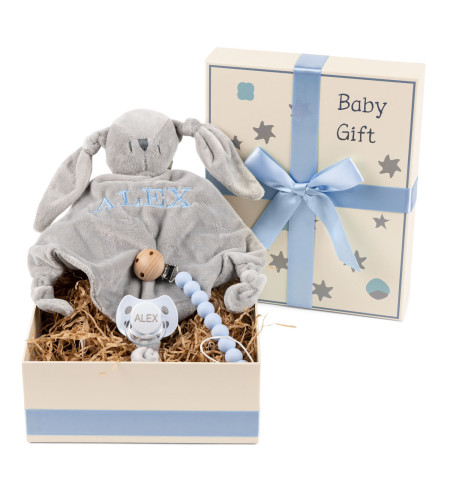 Scatola Regalo con Ciuccio, Dou-Dou Ricamato e Clip in Silicone – Perfetta per Neonata