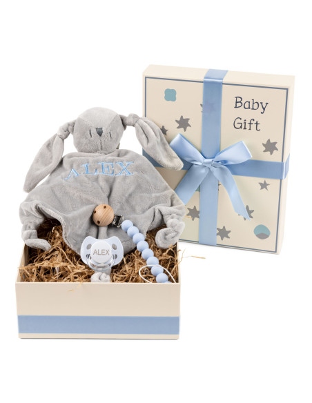 Scatola Regalo con Ciuccio, Dou-Dou Ricamato e Clip in Silicone – Perfetta per Neonata