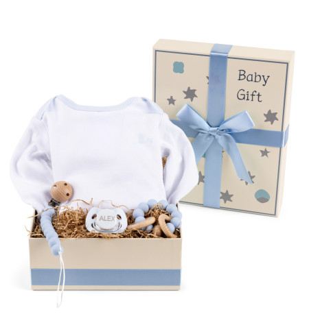 Scatola Regalo con Body, Ciuccio, Massaggiagengive e Clip – Regalo con Stile