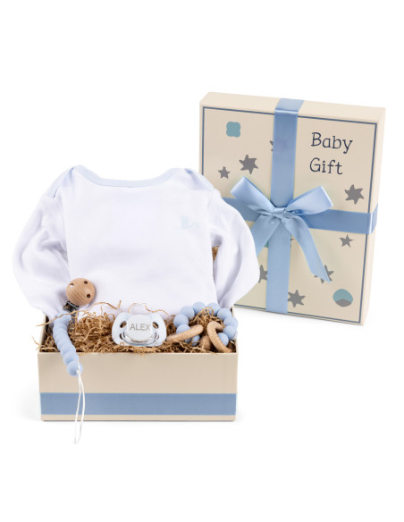 Scatola Regalo con Body, Ciuccio, Massaggiagengive e Clip – Regalo con Stile