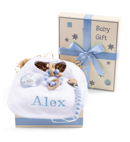 Scatola Regalo con Ciuccio, Massaggiagengive e Bavetta Personalizzata – Set Cura e Tenerezza