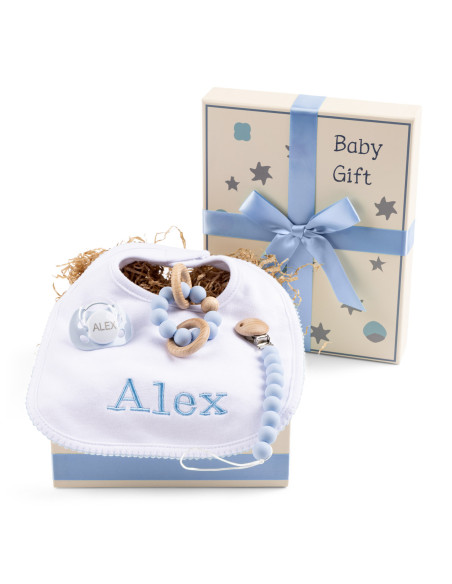 Scatola Regalo con Ciuccio, Massaggiagengive e Bavetta Personalizzata – Set Cura e Tenerezza