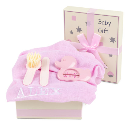 Scatola Regalo con Mussola Ricamata, Termometro e Spazzola – Pratica e Adorabile