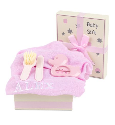 Scatola Regalo con Mussola Ricamata, Termometro e Spazzola – Pratica e Adorabile