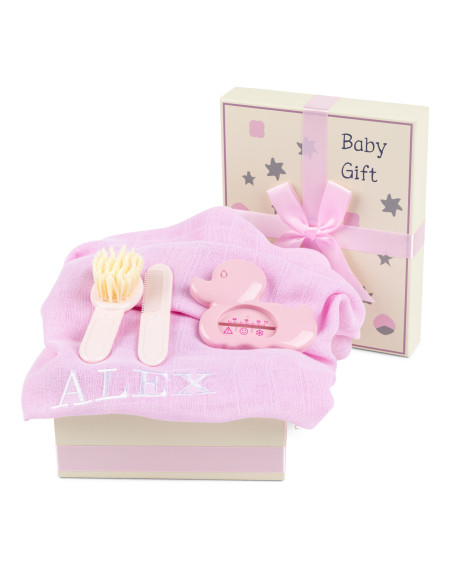 Scatola Regalo con Mussola Ricamata, Termometro e Spazzola – Pratica e Adorabile