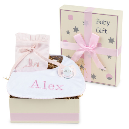 Caja Regalo con Babero Personalizado, Funda Chupete y Accesorios – Ideal para Recién Nacido