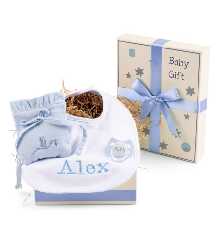 Caja Regalo con Babero Personalizado, Funda Chupete y Accesorios – Ideal para Recién Nacido