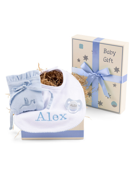 Caja Regalo con Babero Personalizado, Funda Chupete y Accesorios – Ideal para Recién Nacido