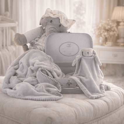 Canastilla con valigetta, copertina e doudou personalizzati | Regalo elegante per neonato 2