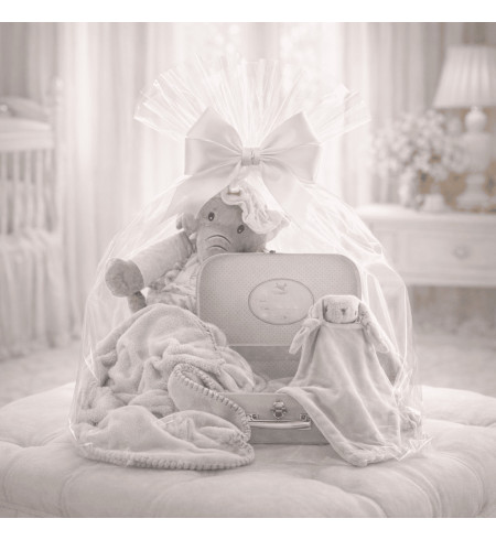 Canastilla con valigetta, copertina e doudou personalizzati | Regalo elegante per neonato