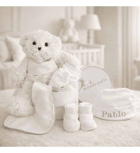 Set neonato con scarpette, manopoline e cappellino + peluche | Confezione vintage