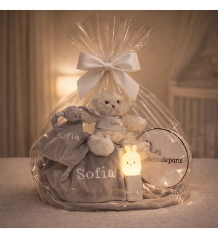 Lampada luminosa, Orsetto di peluche, Pigiama, Doudou e Copertina personalizzata | Regalo completo per neonato