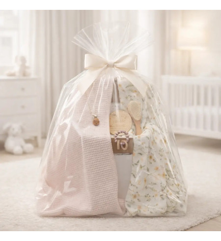 Regalo sostenibile per neonato: 2 mussole, massaggiagengive e portaciuccio rosa