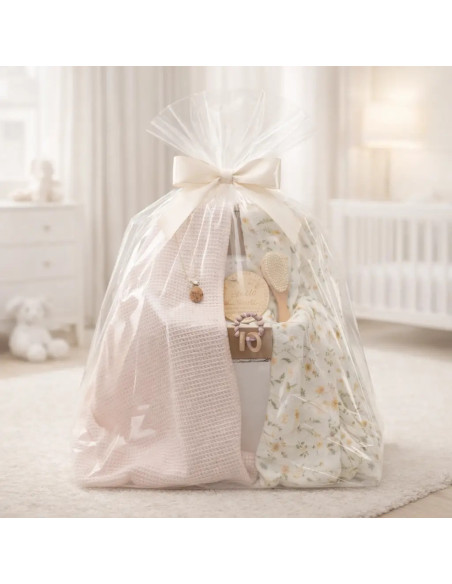 Regalo sostenibile per neonato: 2 mussole, massaggiagengive e portaciuccio rosa