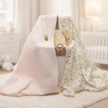 Regalo sostenibile per neonato: 2 mussole, massaggiagengive e portaciuccio rosa 2