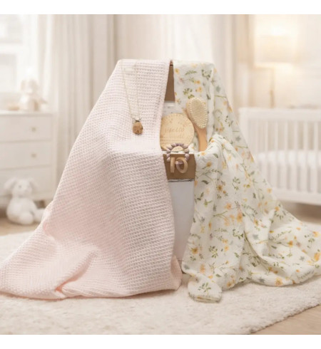 Regalo sostenibile per neonato: 2 mussole, massaggiagengive e portaciuccio rosa