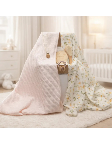 Regalo sostenibile per neonato: 2 mussole, massaggiagengive e portaciuccio rosa