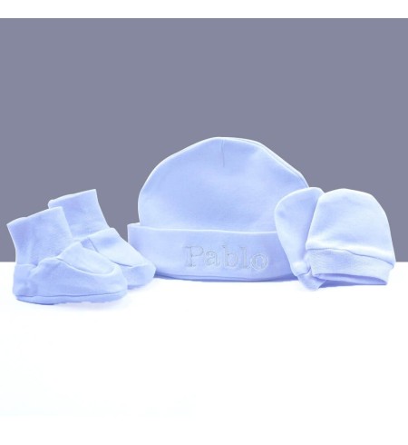 gorro, manoplas y patucos azules azul