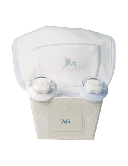 Pack de dos chupetes y babero azul