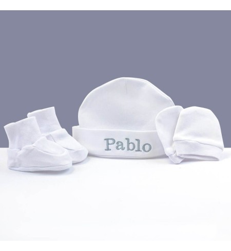 Conjunto patucos manoplas y gorro personalizado blanco